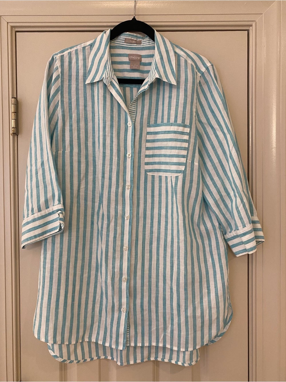 Chico's size 2 100% Linen Blue and White Striped Button-Up Tunic